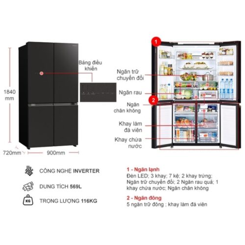 Kích thước tủ Lạnh 4 cánh Multi door Inverter 569 Lít Hitachi R-WB640VGV0 GMG