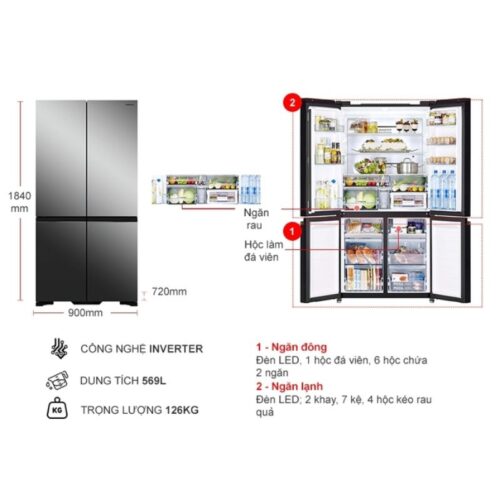 Kích thước tủ Lạnh 4 cánh Multi door Inverter 569 Lít Hitachi R-WB640VGV0X MIR