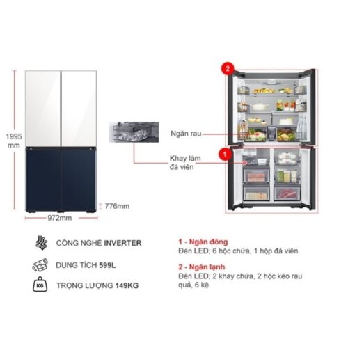 Kích thước tủ Lạnh 4 cánh Multi door Inverter 599 Lít Samsung RF60A91R177/SV