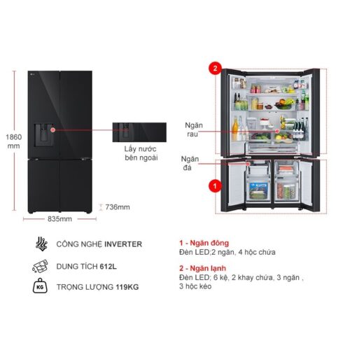 Kích thước tủ Lạnh 4 cánh Multi Door Inverter 612 Lít LG LFD61BLGAI