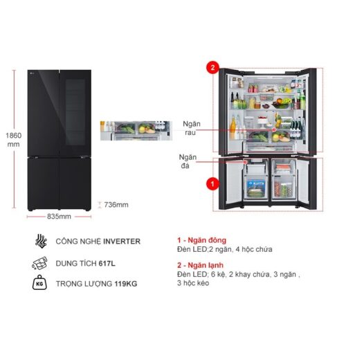 Kích thước tủ Lạnh 4 cánh Multi Door Inverter 617 Lít LG LFB61BLGAI