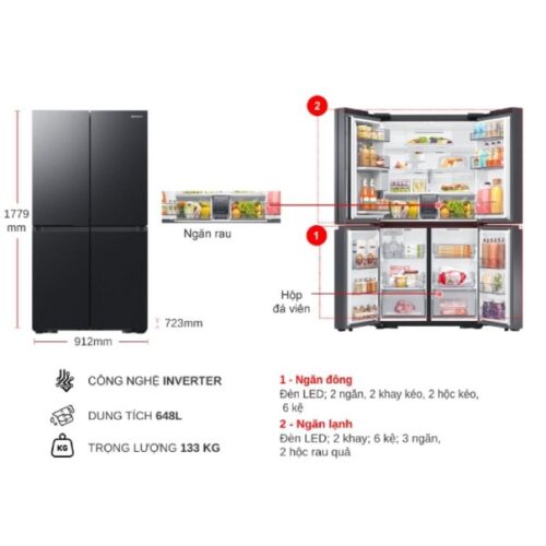 Kích thước tủ Lạnh 4 cánh Multi door Inverter 648 Lít Samsung RF59C766FB1/SV