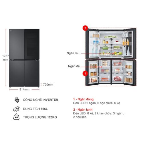 Kích thước tủ Lạnh 4 cánh Multi door Inverter 666 Lít LG LFB66BLMI
