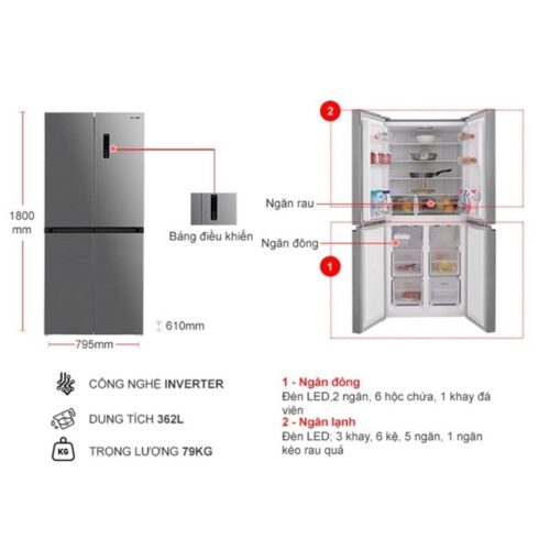 Kích thước tủ Lạnh 4 cánh Multi doors Inverter 362 Lít Sharp SJ-FX420V-SL