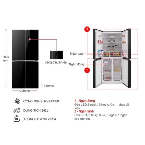 Kích thước tủ Lạnh 4 cánh Multi doors Inverter 362 Lít Sharp SJ-FX420VG-BK