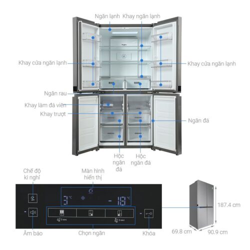 Kích thước tủ Lạnh 4 cánh Multi Doors Inverter 4 cửa 594 Lít Whirlpool WFQ590NSSV