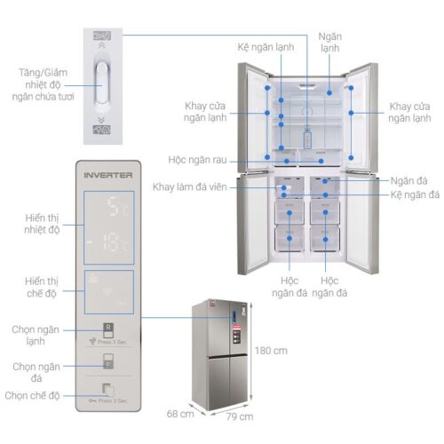 Kích thước tủ Lạnh 4 cánh Multi Doors Inverter 401 Lít Sharp SJ-FXP480VG-CH