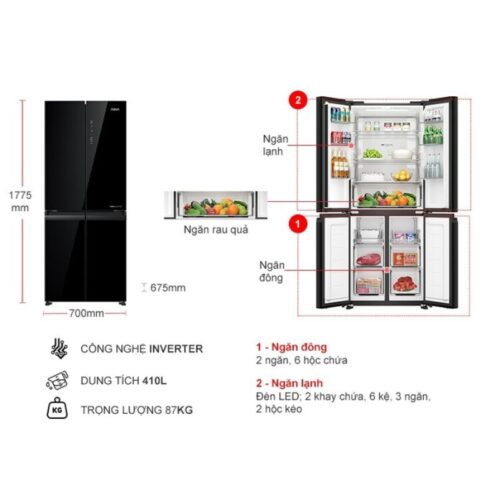 Kích thước tủ Lạnh 4 cánh Multi Doors Inverter 410 Lít Aqua AQR-M466XA(GB)