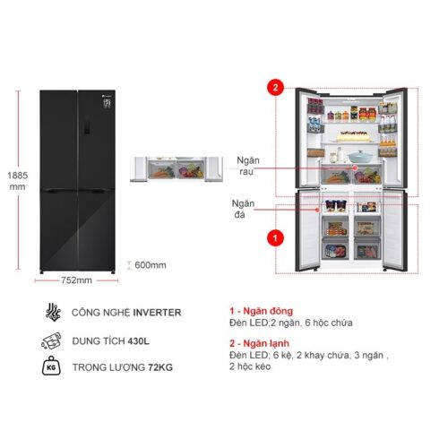 Kích thước tủ Lạnh 4 cánh Multi Doors Inverter 430 Lít Casper RM-430PB