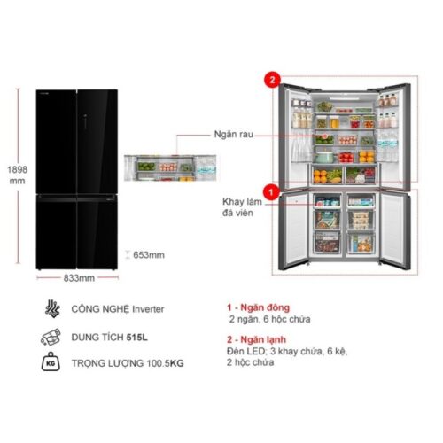 Kích thước tủ Lạnh 4 cánh Multi Doors Inverter 515 Lít Toshiba GR-RF677WI-PGV(22)-XK