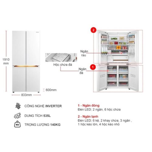 Kích thước tủ Lạnh 4 cánh Multi doors Inverter 535 Lít Toshiba GR-RF695WI-PGV(67)