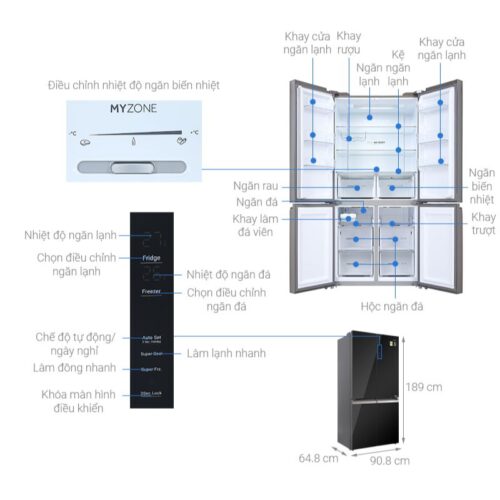 Kích thước tủ Lạnh 4 cánh Multi Doors Inverter 549 Lít Aqua AQR-IG636FM (GB)