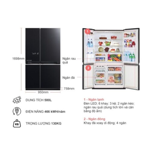 Kích thước tủ Lạnh 4 cánh Multi doors Inverter 580 lít Mitsubishi MR-L72EN-GBK-V