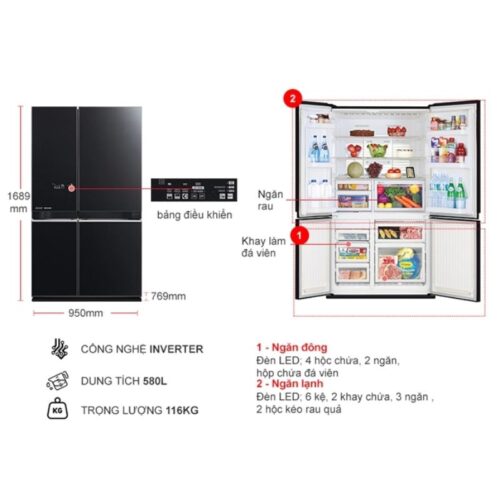 Kích thước tủ Lạnh 4 cánh Multi doors Inverter 580 Lít Mitsubishi MR-LA72ER-GBK-V