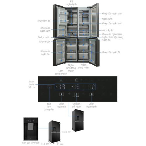 Kích thước tủ Lạnh 4 cánh Multi Doors Inverter 593 Lít Whirlpool WFQ590DBSV