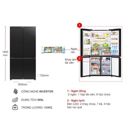Kích thước tủ Lạnh 4 Multi door Inverter 569 Lít Hitachi R-WB640PGV1 GCK