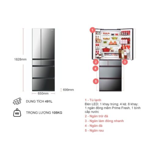 Kích thước tủ Lạnh 6 cánh Multi Door Inverter 491 Lít Panasonic NR-F503GT-X2