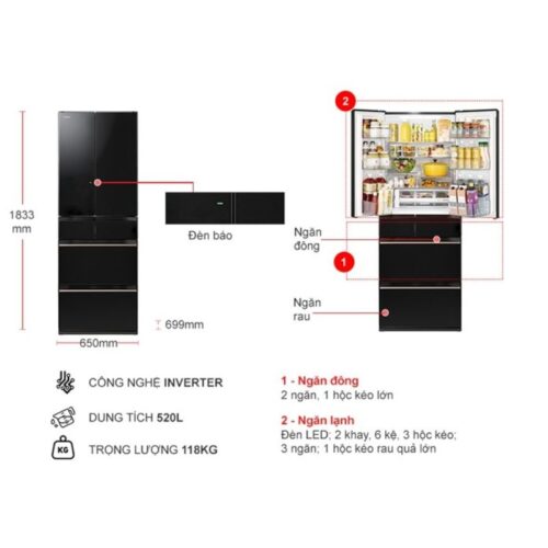 Kích thước tủ Lạnh 6 cánh Multi door Inverter 520 Lít Hitachi R-HW540RV XK