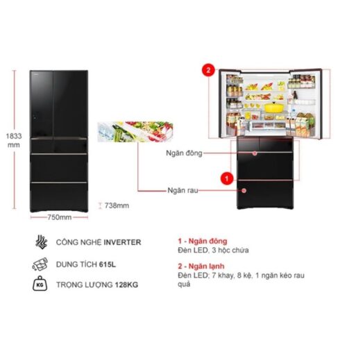 Kích thước tủ Lạnh 6 cánh Multi door Inverter 615 Lít Hitachi R-WX620KV XK
