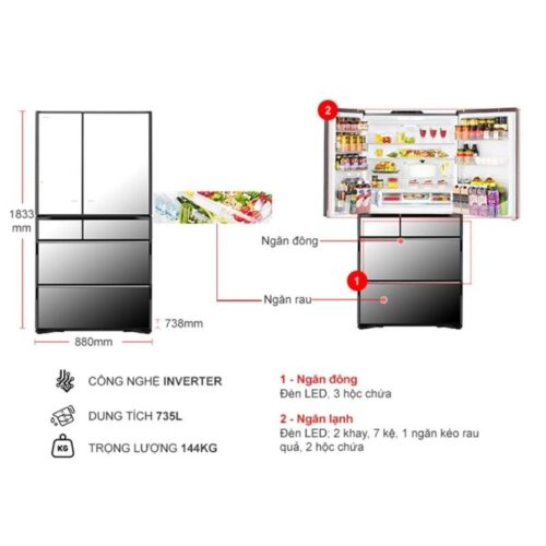 Kích thước tủ Lạnh 6 cánh Multi door Inverter 735 Lít Hitachi R-ZX740KVX (X)