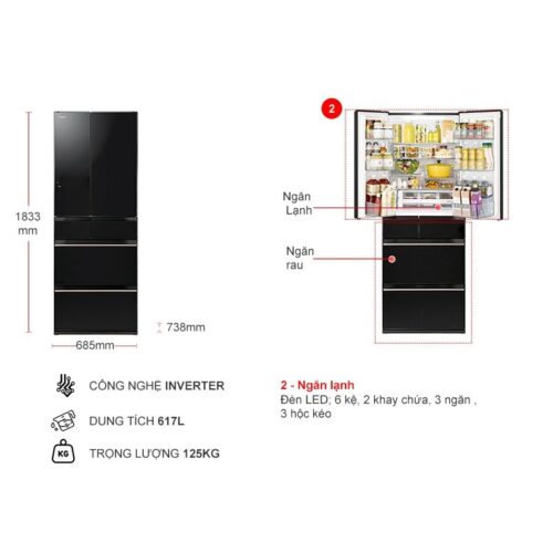 Kích thước tủ Lạnh 6 cánh Multi doors Inverter 617 Lít Hitachi R-HW620RV XK