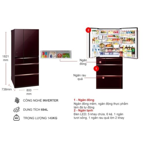 Kích thước tủ Lạnh 6 cánh Multi doors Inverter 694 Lít Mitsubishi MR-WX70C-BR-V