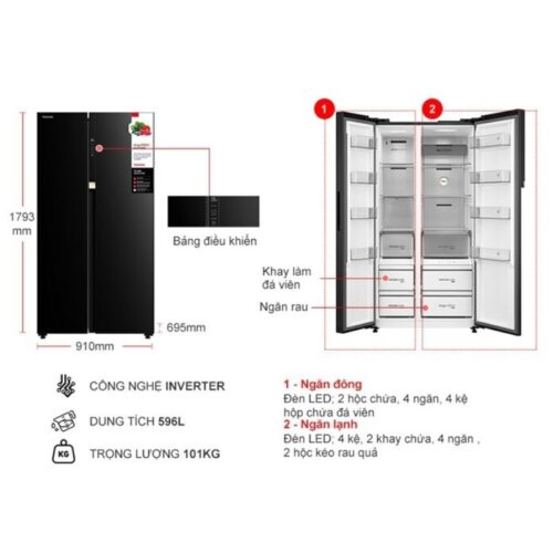 Kích thước tủ Lạnh 2 cánh side by side Inverter 596 Lít Toshiba GR-RS780WI-PGV(22)-XK