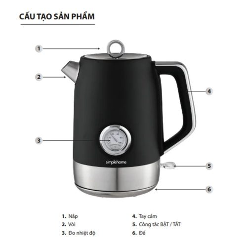 Cấu tạo bình đun siêu tốc Simplehome T-9020T 1.7 Lít