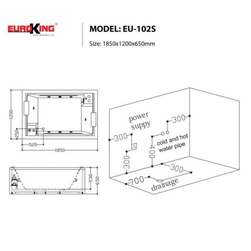 Kích thước bồn tắm Euroking EU-102S 3 skirts