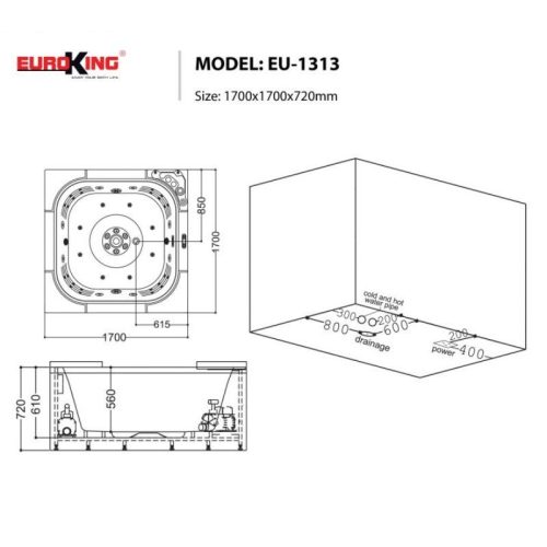 Kích thước bồn tắm Euroking EU-1313 2 skirts