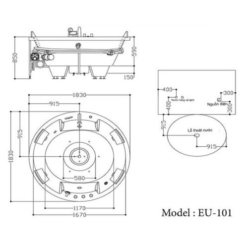 Kích thước bồn tắm massage EuroKing EU-101