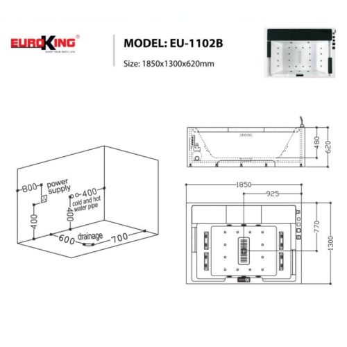 Kích thước bồn tắm massage EuroKing EU-1102B