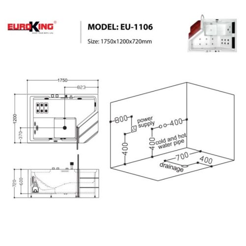 Kích thước bồn tắm massage Euroking EU-1106