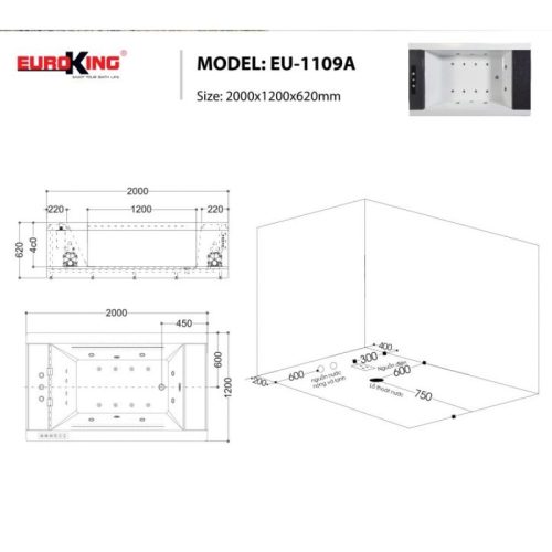 Kích thước bồn tắm massage EuroKing EU-1109A