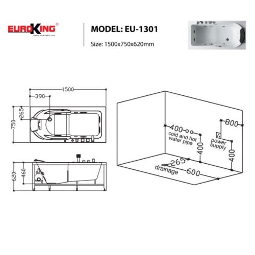 Kích thước bồn tắm massage Euroking EU-1301
