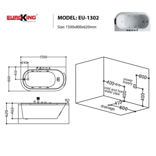 Kích thước bồn tắm massage Euroking EU-1302