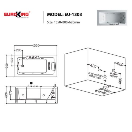 Kích thước bồn tắm massage Euroking EU-1303