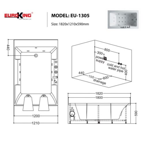 Kích thước bồn tắm massage Euroking EU-1305