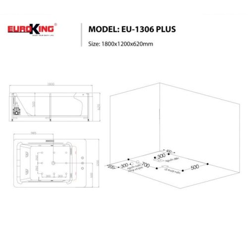Kích thước bồn tắm massage EuroKing EU-1306 Plus