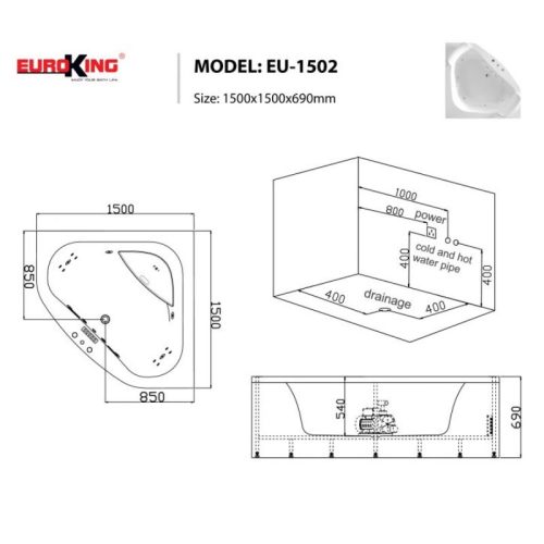 Kích thước bồn tắm massage EuroKing EU-1502