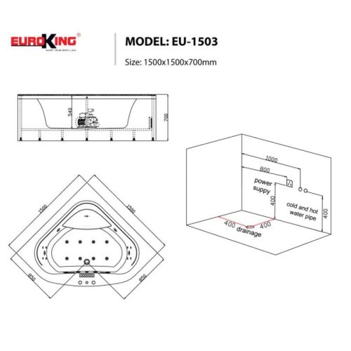 Kích thước bồn tắm massage EuroKing EU-1503