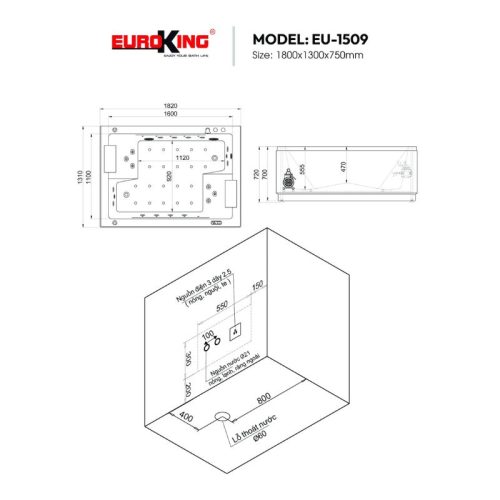 Kích thước bồn tắm massage Euroking EU-1509