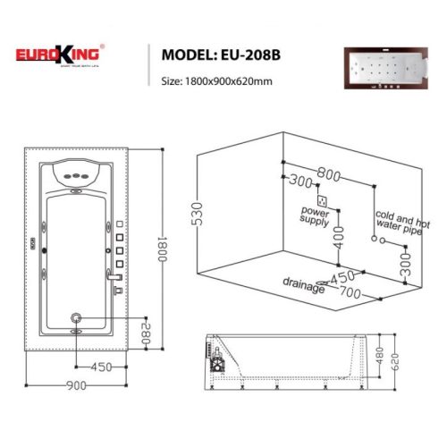 Kích thước bồn tắm massage EuroKing EU-208B