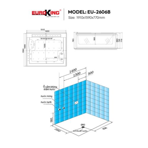 Kích thước bồn tắm massage Euroking EU-2606