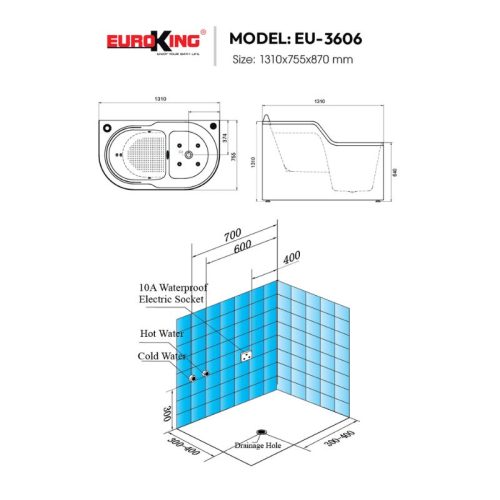 Kích thước bồn tắm massage Euroking EU-3606