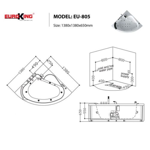 Kích thước bồn tắm massage EuroKing EU-805