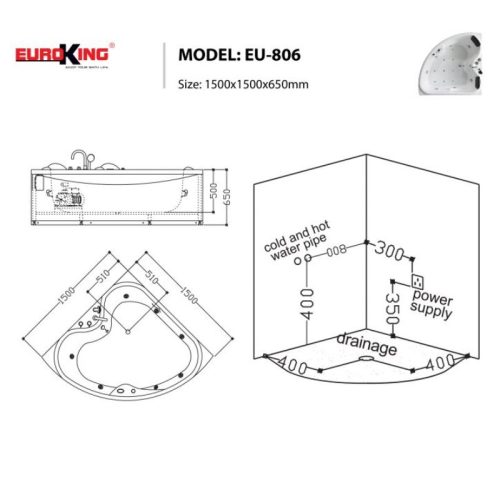 Kích thước bồn tắm massage Euroking EU-806