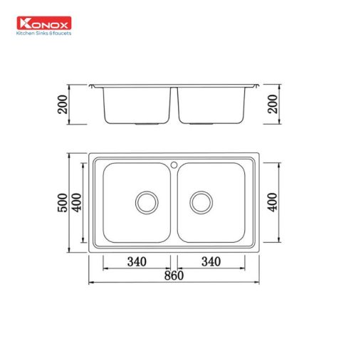 Kích thước chậu rửa bát Konox Premium KS8650 2B