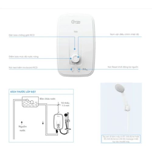 Kích thước máy nước nóng Centon By Atlantic PrestoLite EIWH P M-N1