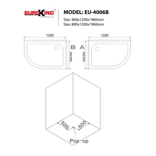 Kích thước phòng tắm vách kính Euroking EU-4006B